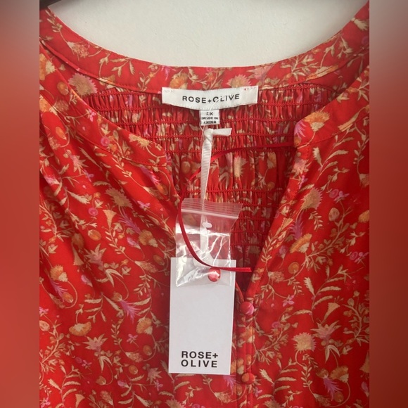 Rose+Olive Blouse Women’s Bright Orange Floral Boho  Peasant Top 3/4 Sleeve - Picture 3 of 4